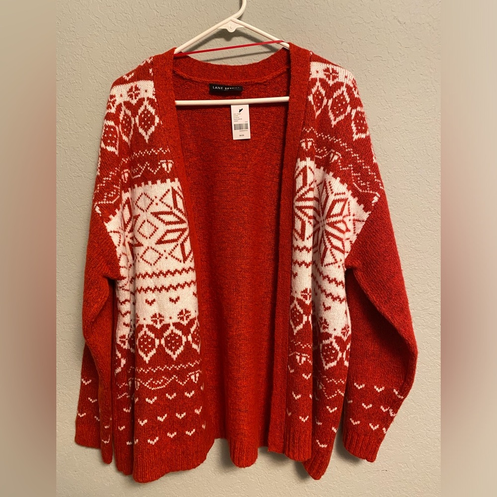 Lane Bryant red and white fair isle Nordic print sweater cardigan size 18/20